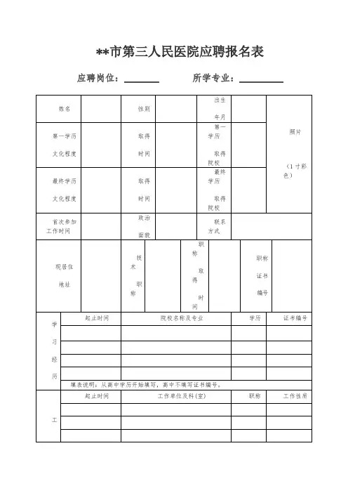 XX市第三人民医院应聘报名表【模板】