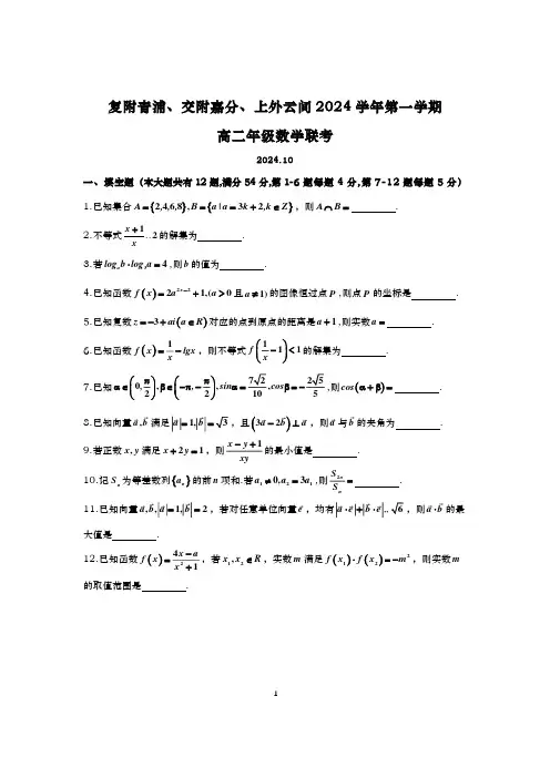 2024-2025学年上海复附青浦、交附嘉分、上外云间高二上学期数学期中四校联考(2024.11)