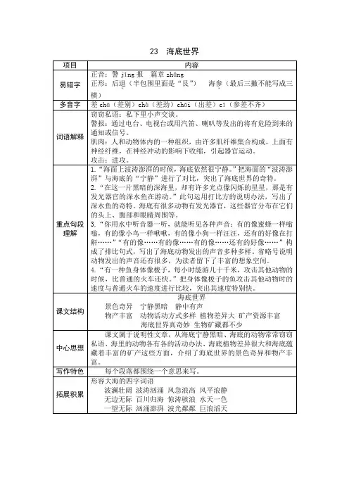 部编小学语文三下《 海底世界》课堂笔记