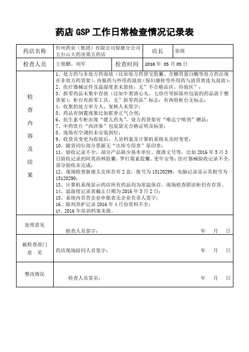 五药店GSP工作日常检查情况记录表