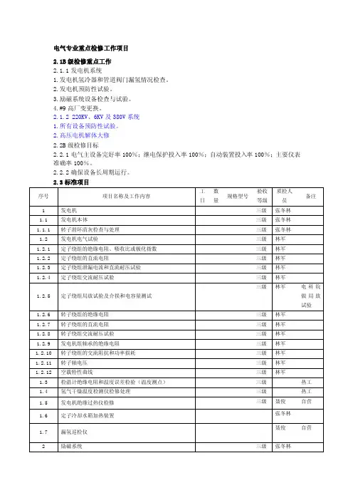电气专业重点检修工作项目