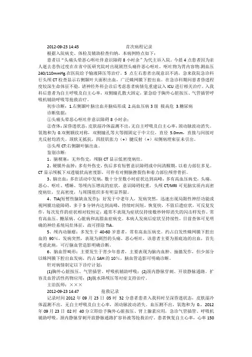 (完整版)高血压脑出血首次病程记录模版