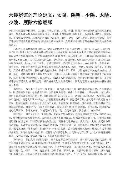 六经辨证的理论定义：太阳、阳明、少阳、太阴、少阴、厥阴六条经脉