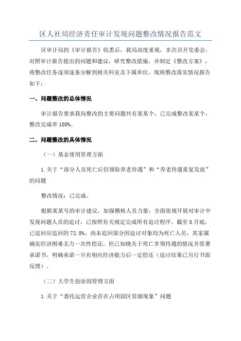 区人社局经济责任审计发现问题整改情况报告范文