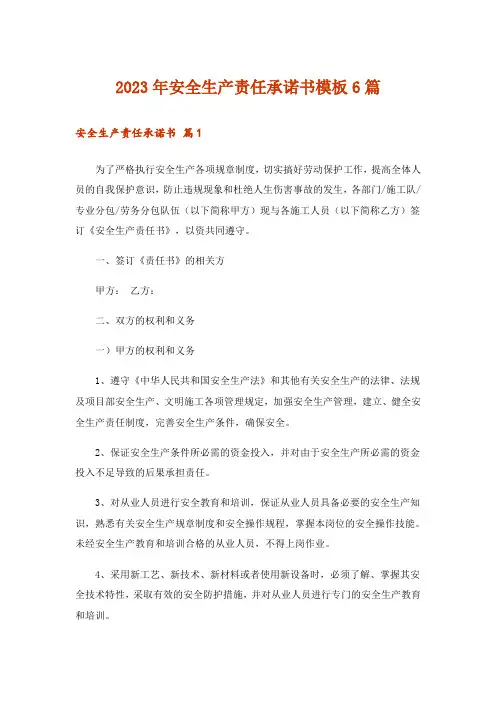 2023年安全生产责任承诺书模板6篇