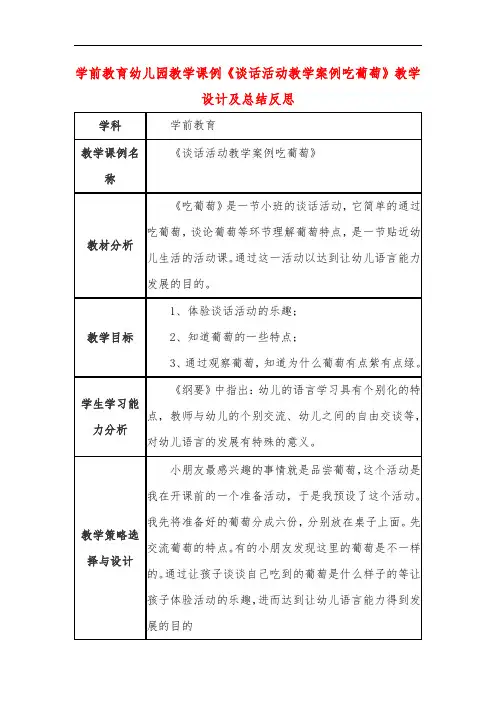 学前教育幼儿园教学课例《谈话活动教学案例吃葡萄》教学设计及总结反思