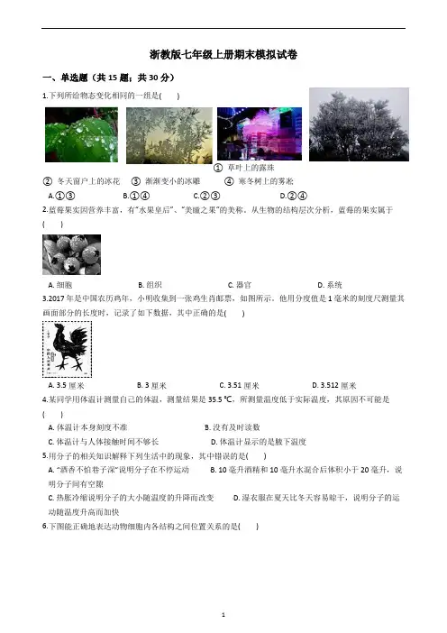 浙教版科学七年级上册科学浙教版期末模拟试卷