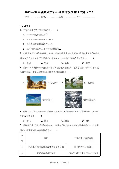 2023年湖南省娄底市新化县中考模拟物理试题(二)(含解析)