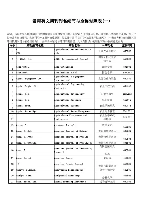 常用英文期刊刊名缩写与全称对照表