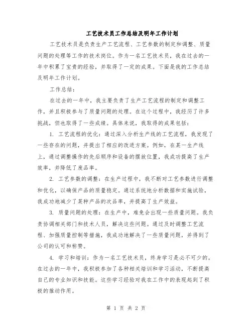 工艺技术员工作总结及明年工作计划