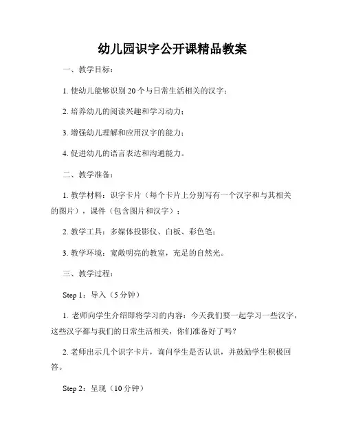 幼儿园识字公开课精品教案