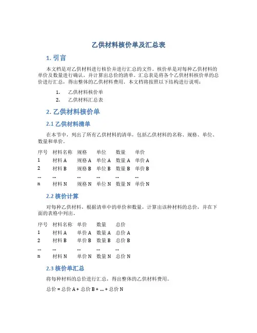 乙供材料核价单及汇总表