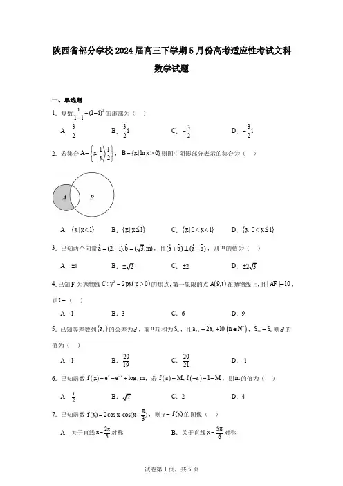 陕西省部分学校2024届高三下学期5月份高考适应性考试文科数学试题