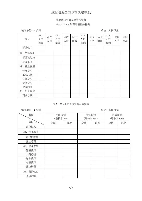 企业通用全面预算表格模板