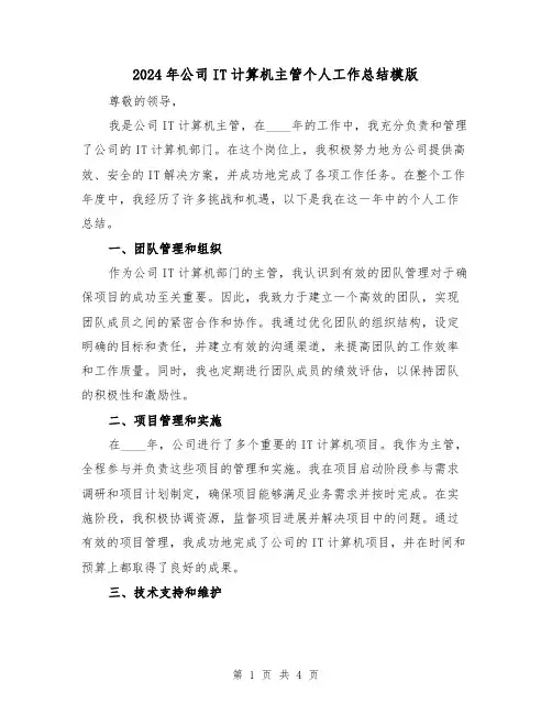 2024年公司IT计算机主管个人工作总结模版(2篇)