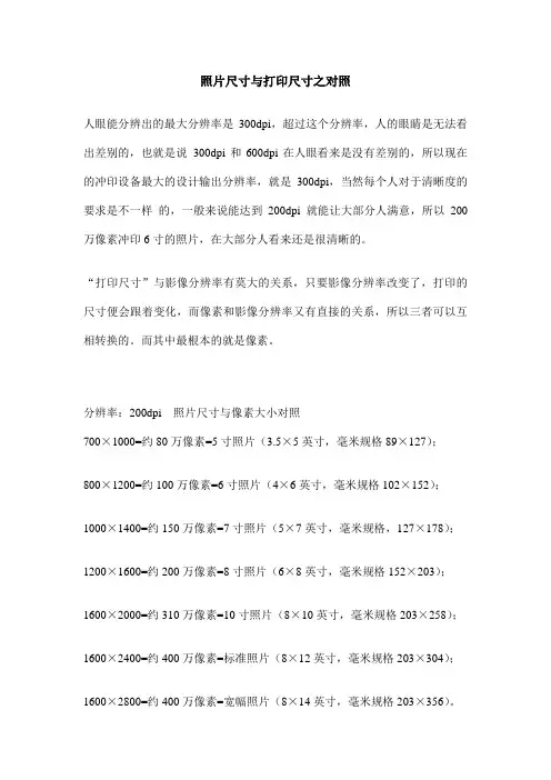 照片尺寸与打印尺寸之对照