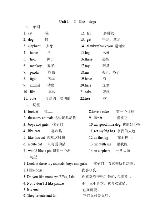 译林版小学英语4AUnit1I like dogs复习纸