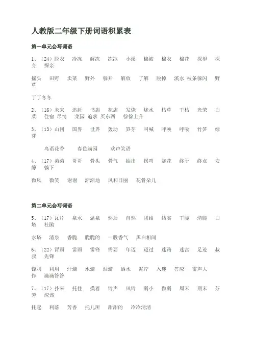 小学二年级语文下册词语积累表分单元