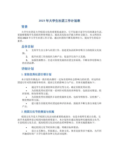 2023年大学生社团工作计划表