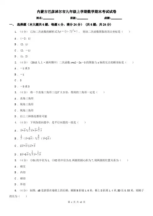 内蒙古巴彦淖尔市九年级上学期数学期末考试试卷