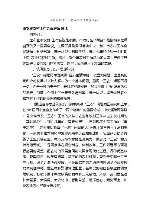 市农业农村工作会议讲话（精选4篇）