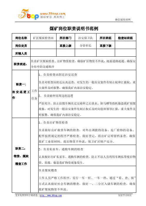 煤矿矿区煤炭检查站岗位职责说明书