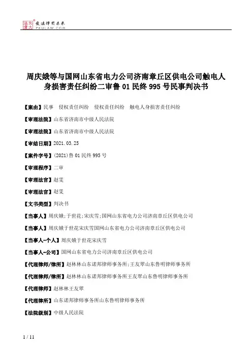 周庆娥等与国网山东省电力公司济南章丘区供电公司触电人身损害责任纠纷二审鲁01民终995号民事判决书