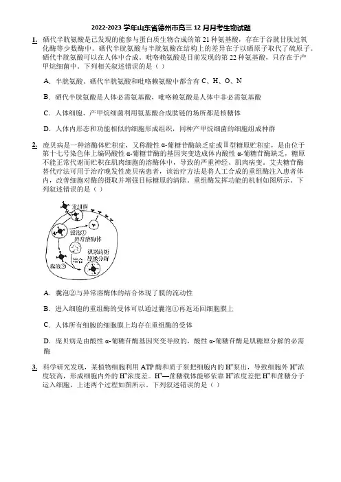 2022-2023学年山东省德州市高三12月月考生物试题