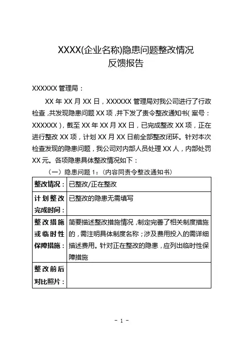 企业隐患问题整改情况反馈报告(模板)