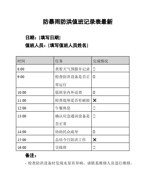 防暴雨防洪值班记录表最新