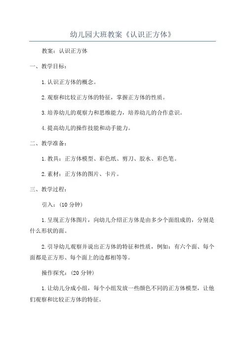 幼儿园大班教案《认识正方体》