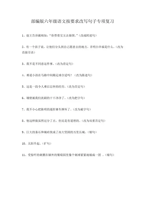 部编版六年级语文按要求改写句子专项复习