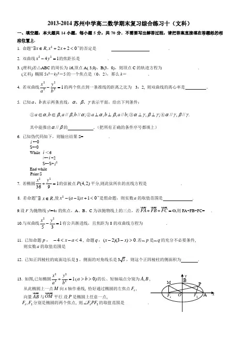 2013-2014苏州中学高二数学期末复习综合练习10(文科)