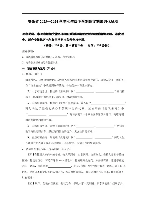 安徽省2023—2024学年七年级下学期语文期末强化试卷(含解析)