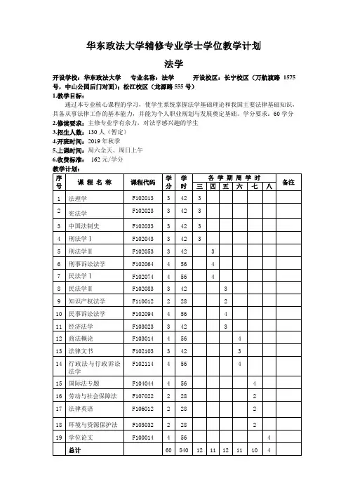 华东政法大学辅修专业学士学位教学计划