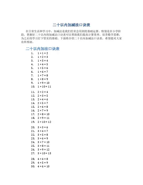 二十以内加减法口诀表