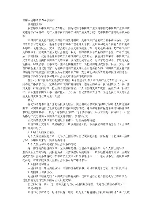 入团志愿书300字左右对团的认识
