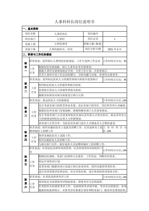 人事科科长岗位说明书