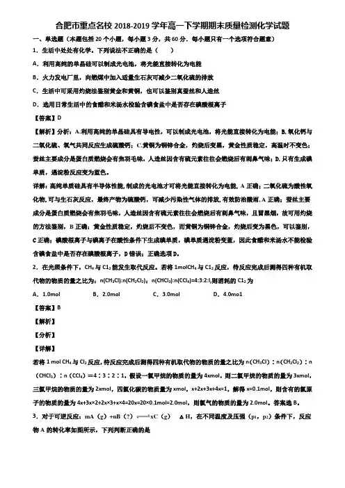 合肥市重点名校2018-2019学年高一下学期期末质量检测化学试题含解析