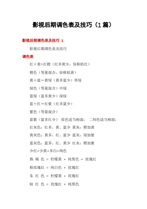 影视后期调色表及技巧(1篇)
