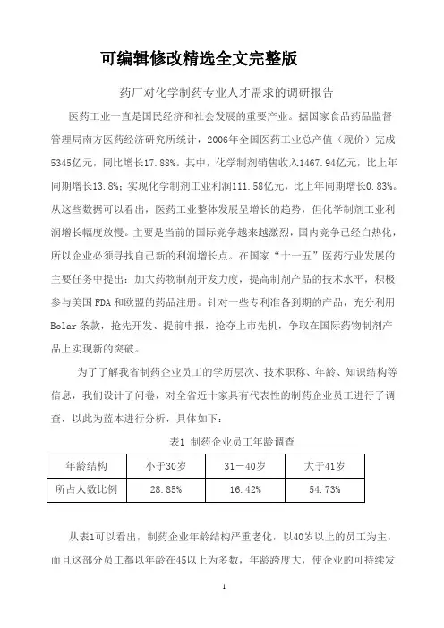 药厂对制药专业人才需求的调研报告精选全文