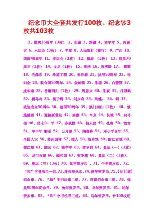 纪念币大全套共发行100枚