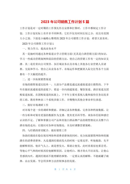 2023年公司销售工作计划5篇