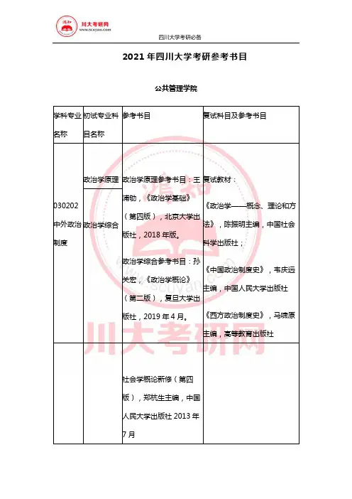 2021年四川大学考研参考书目