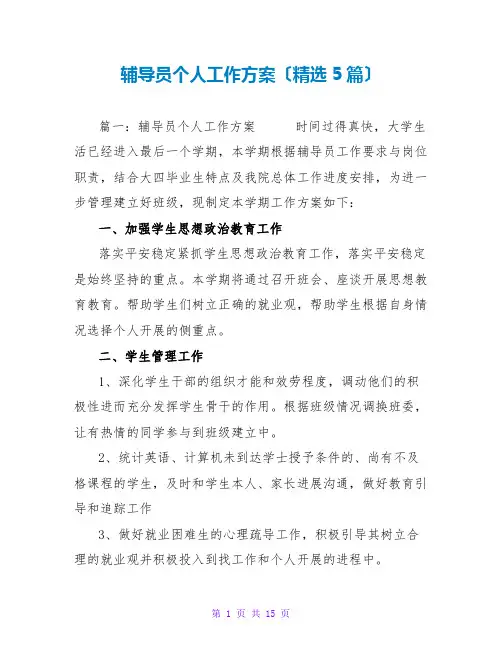 辅导员个人工作计划(精选5篇)