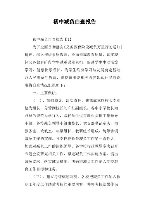 初中减负自查报告