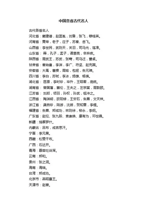 中国各省古代名人
