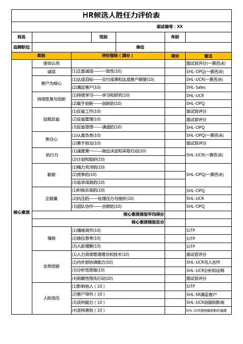 HR候选人胜任力评价表