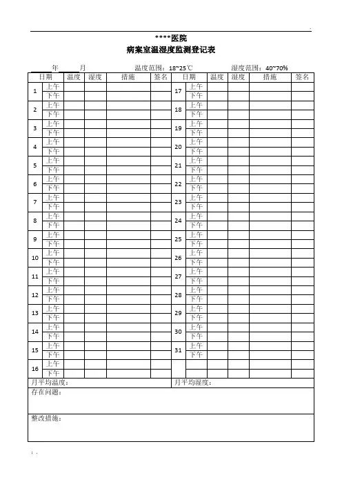 病案室温湿度监测登记表