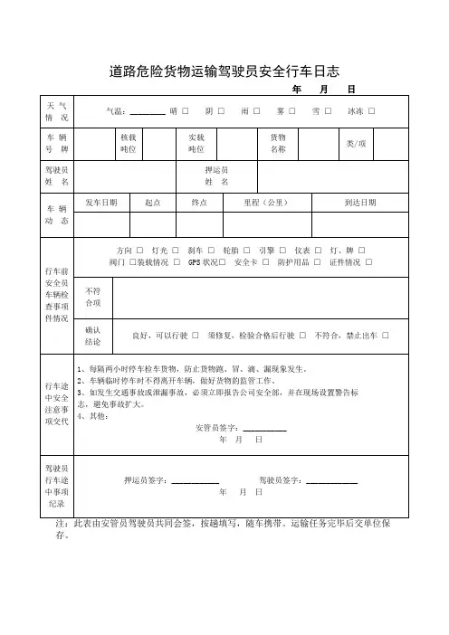 道路危险货物运输驾驶员安全行车日志